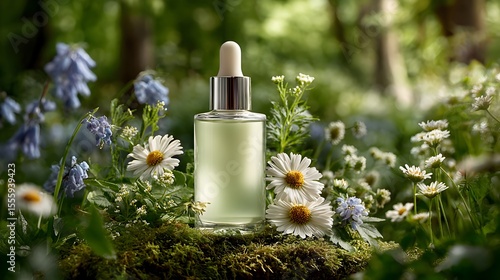 Clear skincare serum bottle sits among daisies and bluebells in sun dd forest for natural beauty ad.