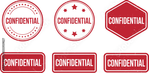 Six red confidential stamps with different shapes on a white background