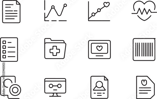 Medical Data Analysis Charts, Reports, and Patient Records Icons