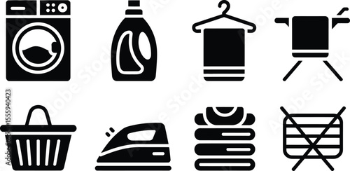 Laundry and Washing Icons Set – Washing Machine, Detergent, Iron, Basket, and Clothes