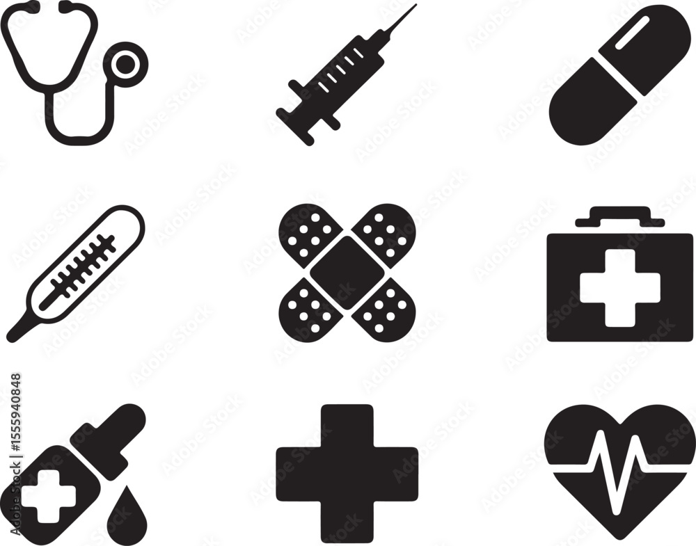 Medical Icons Healthcare Symbols, Stethoscope, Syringe, Pills, and More Medical Icons Healthcare Symbols, Stethoscope, Syringe, Pills, and More