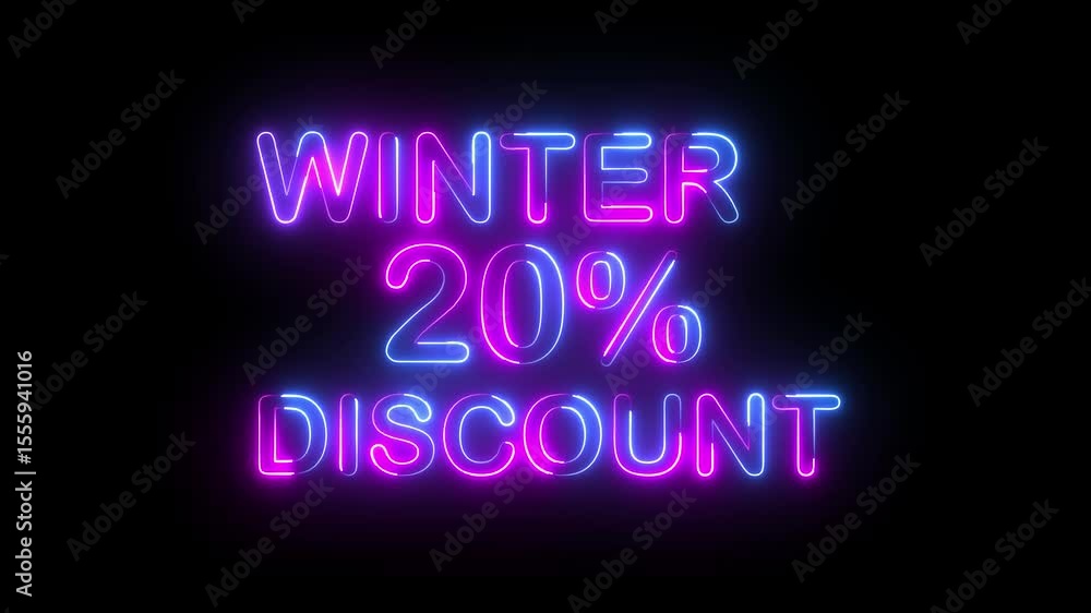 winter 20% percent discount text icon animation glowing neon pink and blue color number font letter word business banner shop offer clipboard template signboard sign symbol on black background winter 20% percent discount text icon animation glowing neon pink and blue color number font letter word business banner shop offer clipboard template signboard sign symbol on black background