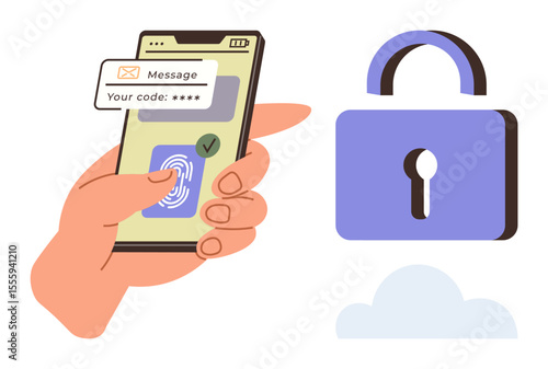 Hand holding phone entering fingerprint, verification code with secure padlock. Ideal for cybersecurity, authentication, privacy, protection, online safety, user identification, simple flat metaphor