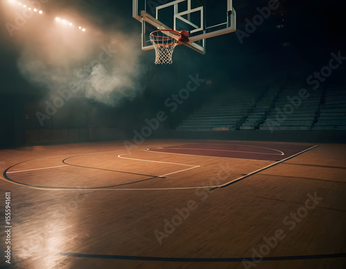 Empty basketball court with dramatic lighting and smoke, basketball court in the stadium