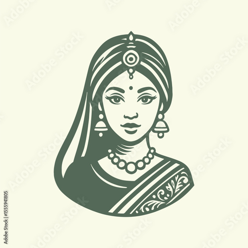 Beautiful young indian woman in traditional clothing. Retro vector illustration suitable as a logo, for textile printing or advertising of all kinds.