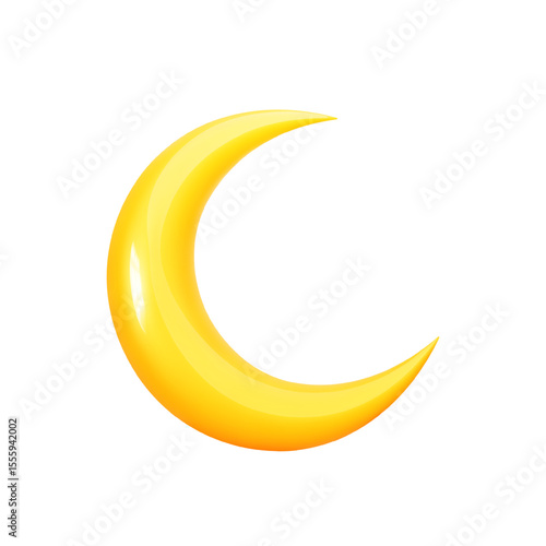 Yellow 3d crescent moon. Half moon isolated on white background. Cute children decorative design element for sleep, insomnia, good night, sweet dreams, weather forecast concept. Vector illustration