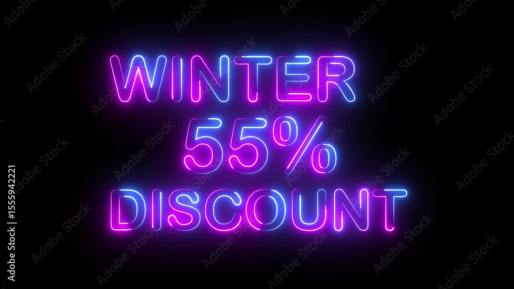 winter 55% percent discount text icon animation glowing neon pink and blue color number font letter word business banner shop offer clipboard template signboard sign symbol on black background winter 55% percent discount text icon animation glowing neon pink and blue color number font letter word business banner shop offer clipboard template signboard sign symbol on black background