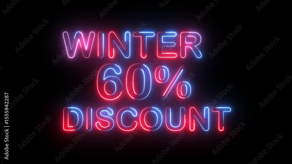 winter 60% percent discount text icon animation glowing neon red and blue color number font letter word business banner shop offer clipboard template signboard sign symbol on black background winter 60% percent discount text icon animation glowing neon red and blue color number font letter word business banner shop offer clipboard template signboard sign symbol on black background