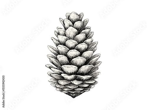 Christmas pinecone engraving, vintage tree ornament, hand-drawn black line sketch, winter seasonal decor, holiday motif, classic engraving style, elegant festive illustration