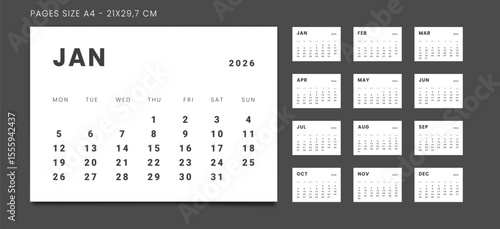 2026 Calendar Planner Set of new Template 12 Monthly Page for Corporate or Personal use. Vector layout minimalist of a wall or desk organizer with week start Monday for print. Page for size A4-21x29.7