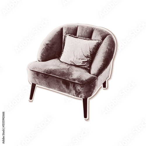 Trendy halftone collage of velvet modern armchair cut out an of old newspaper. Isolated vector illustration grayscale retro sticker with Dots texture. Vintage Pop art aesthetic, y2k vibe nostalgic