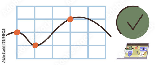 Data graph with highlighted points, green circle with check mark, and open laptop analyzing details. Ideal for analytics, decision-making, planning, productivity, monitoring, success and evaluation