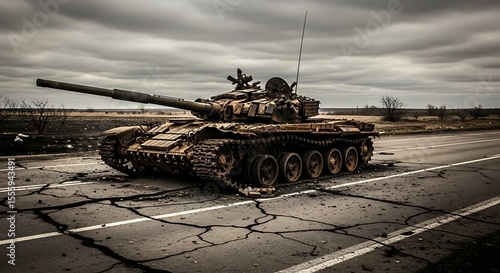 Damaged military tank on a cracked road, under a stormy sky, suggesting conflict and destruction.