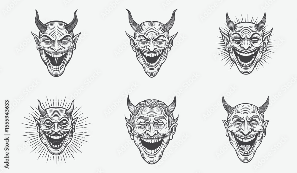 Obraz premium Laughing Devils in Dynamic Dark Silhouettes with Mischievous Expressions and Playful Evil Character Poses