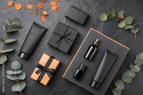 Stylish flat lay of men's grooming products and gift boxes. A luxury black cosmetic and skincare mockup with eucalyptus on a dark slate background generative ai