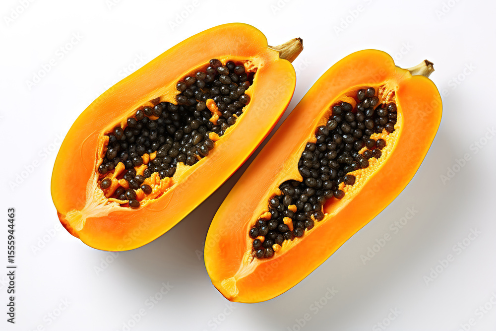 Healthy Papaya Halves with Seeds, Top-Down View on a Crisp White Background Healthy Papaya Halves with Seeds, Top-Down View on a Crisp White Background