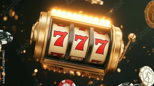 A slot machine with a 777 jackpot, flying gold chips and coins, embodying online casino excitement and winning.