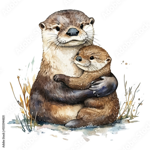 watercolor vector of A Mother Otter With Her Kid, isolated on a white background.