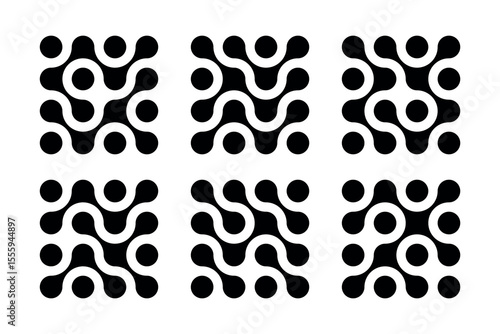 Abstract shape, metaball, morph spheres. Connected dots, science, molecular, nanotechnology. Set of black elements patterns isolated on white background.