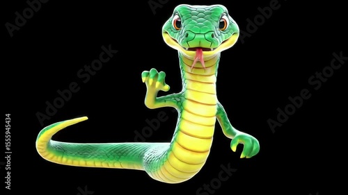 A cartoon serpent, rendered with bright colors, is depicted against a stark black backdrop. The snake is stylized with a friendly expression