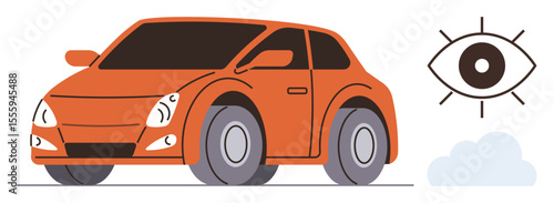 Orange car with sleek design beside an abstract eye symbol and cloud. Ideal for transportation, innovation, vision, surveillance, security, technology, connectivity themes. Simple flat metaphor