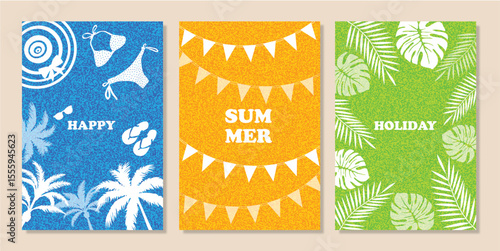 Summer sale banners. Creative vector holiday vacation cards set with grain pattern, tropical palm leaves, sea and beach swimsuit, hat, flip flops, sunglasses icons. Templates for ads, banner, poster.