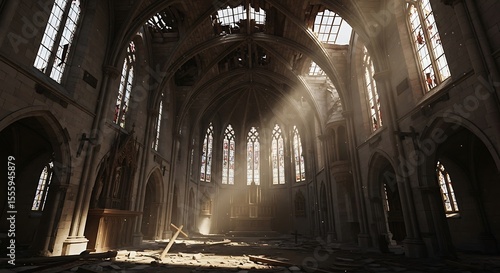 Interior view of a dilapidated church with sunlight streaming through arched windows and damaged roof.