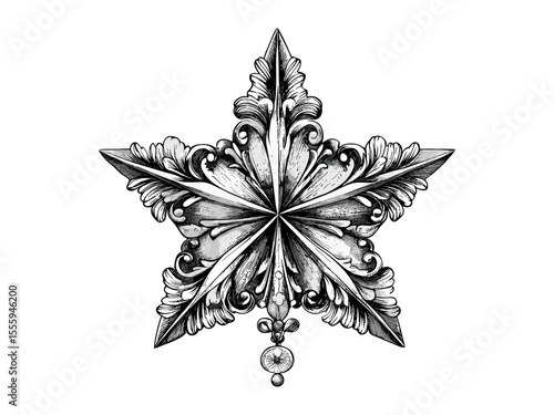 Hand-drawn Christmas star sketch, festive winter decor, vintage black line motif, old engraving style, holiday ornament, retro style design, classic Christmas illustration, winter engraving art