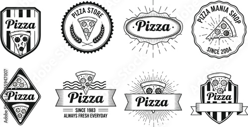 Collection of pizza logos with slices and text in black and white