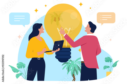 Two professional businesspeople discussing a business idea next to a large glowing lightbulb, with one holding a laptop and speech bubbles indicating conversation. Flat design vector illustration