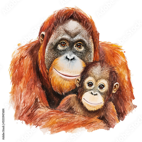 A Mother Orangutan With Her Kid, watercolor drawing vector, isolated on a white background.