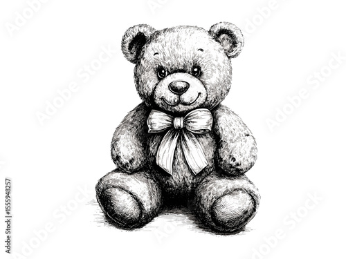 Vintage Christmas teddy bear with bow engraving, festive toy icon, holiday gift motif, hand-drawn black sketch style, seasonal decor, old engraving style, cozy winter charm