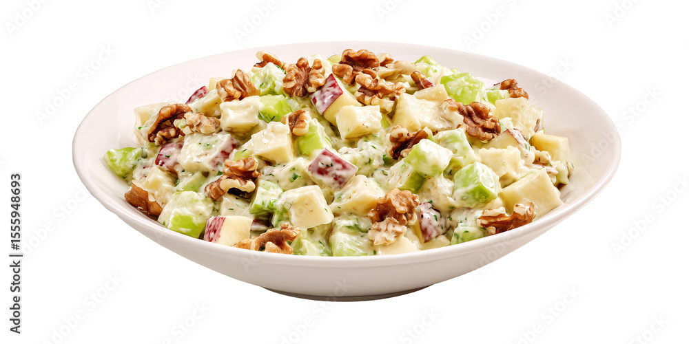 Creamy Waldorf Salad with Apples, Celery, and Walnuts in White Bowl Classic American Salad Concept for Healthy Eating and Thanksgiving Holiday Creamy Waldorf Salad with Apples, Celery, and Walnuts in White Bowl Classic American Salad Concept for Healthy Eating and Thanksgiving Holiday