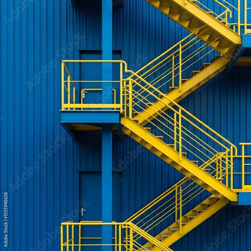 Geometric blue and yellow facade with industrial staircase, Vibrant industrial architectural detail with contrasting colors and angular shapes