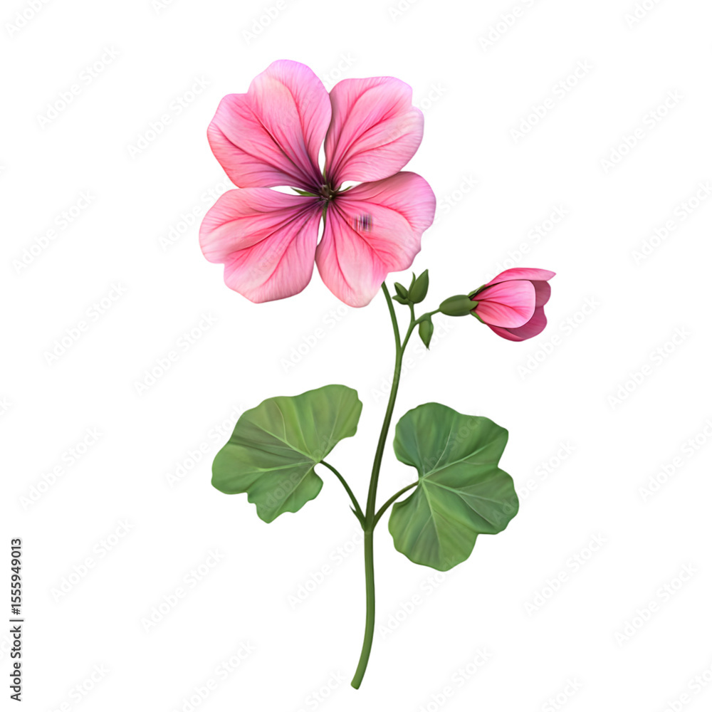 Fototapeta premium Detailed illustration of a pink flower and leaves.