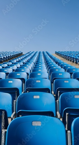 Rows of Empty Blue Stadium Seats Under a Clear Blue Sky, Endless Rows of Bright Blue Seats in a Large Outdoor Stadium