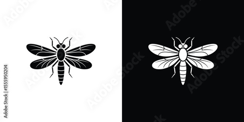 Dragonfly Silhouette, Isolated Insect with Detailed Wings, Black and White Contrast