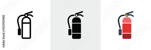 Fire Extinguisher Icon Set Black Outline, Silhouette, and Red Flat Design Versions