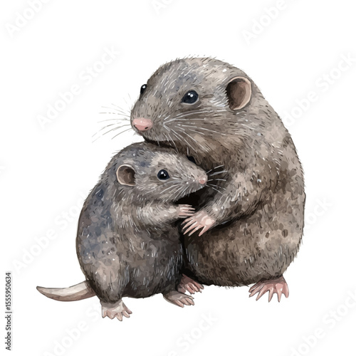 watercolor vector of A Mother Mole With Her Kid, isolated on a white background.