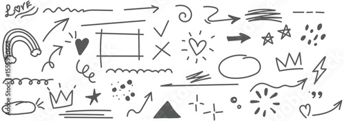 Decorative doodles sketch scribble hand drawn handmade pencil pen marker set vector graphic design illustration art for business infographic journal set pointing arrow speech bubble line outline shape