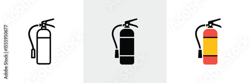 Fire Extinguisher Icon Set Line Art, Silhouette, and Colorful Variations on White Backgrounds