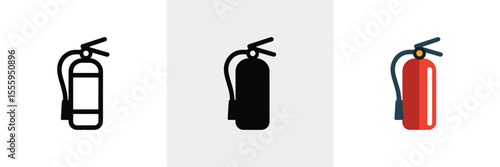 Fire Extinguisher Icons Outline, Silhouette, and Color Versions Presented on a White Background