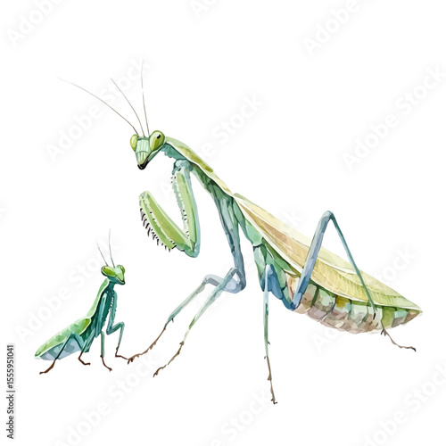 A Mother Mantis With Her Kid, watercolor painting vector, isolated on a white background.