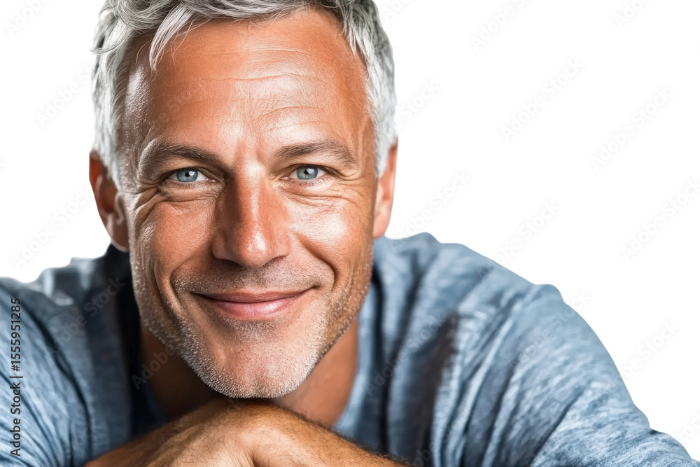 Obraz premium Smiling middle-aged man with gray hair and blue eyes in casual attire showcasing happiness and confidence against a neutral background