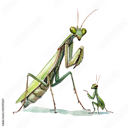 A Mother Mantis With Her Kid, watercolor clipart vector, isolated on a white background.