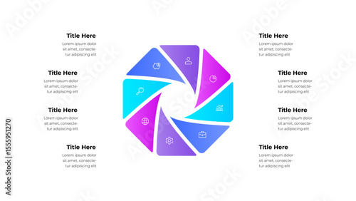 Wheel infographic featuring 8 sections, icons, and placeholder text. Perfect for presentations, data visualization, and business reports, providing a professional and dynamic layout for information