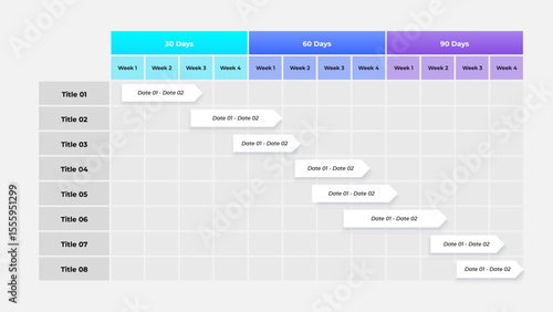 Project planning chart for visualizing deadlines and milestones over a 90-day timeline, featuring week-by-week breakdowns. Ideal for task management, productivity tracking, and goal adherence