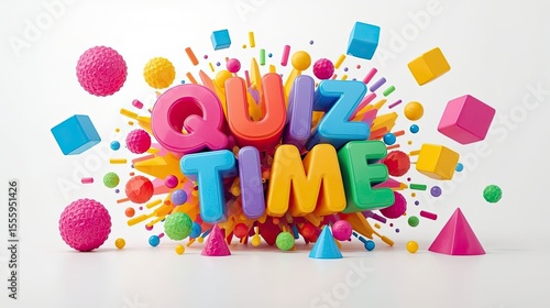 Vibrant Quiz Time Text Surrounded by Playful 3D Geometric Shapes