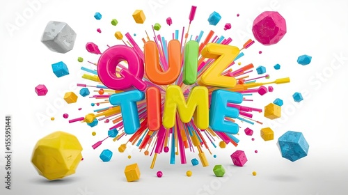 Vibrant Quiz Time Text Surrounded by Playful 3D Geometric Shapes