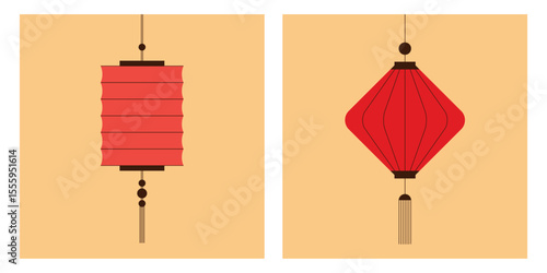 Set of square cards with chinese lanterns on beige background. Hanging paper lantern with tassels for cover, banner, advertisement, social media post. Vector illustrations for chinese new year, mid-au